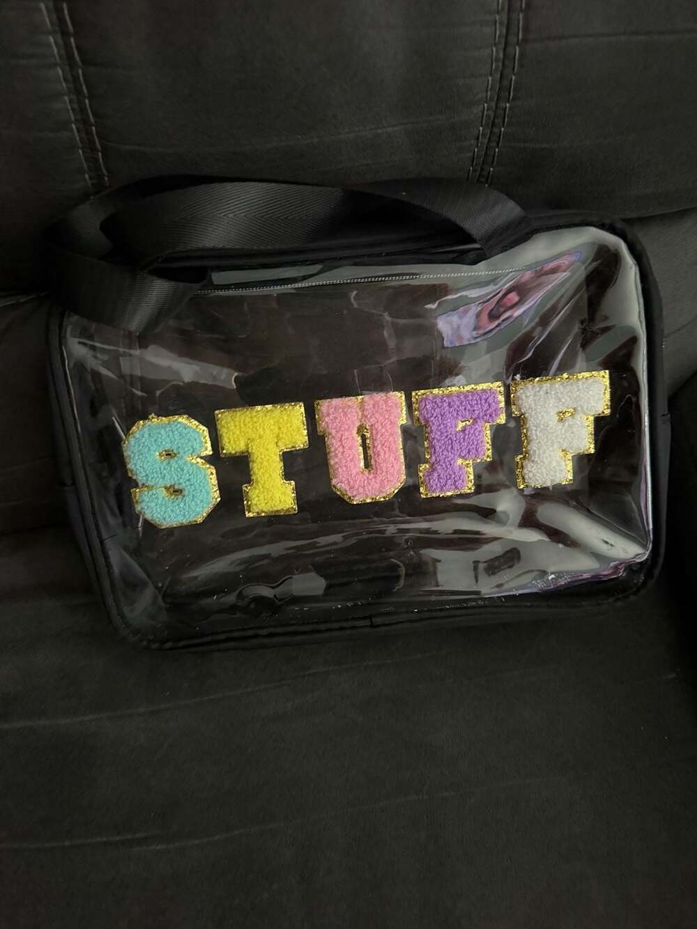 Clear Cosmetic Bag with Colorful Chenille Varsity Letter STUFF Patches